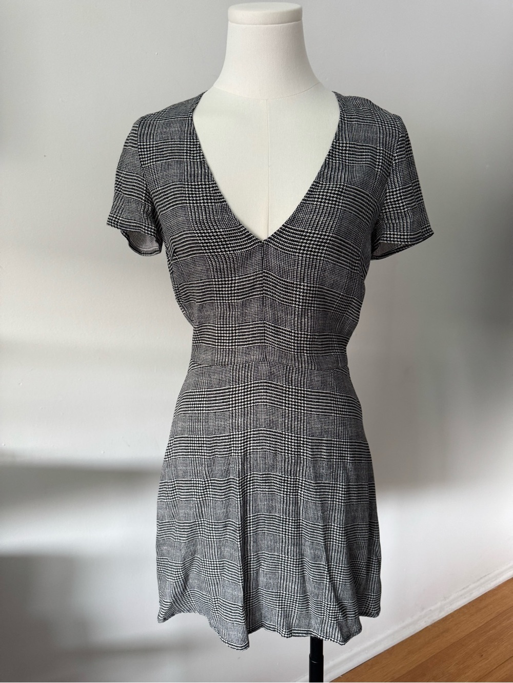 Reformation Plaid V-Neck Mini Dress in Black and White